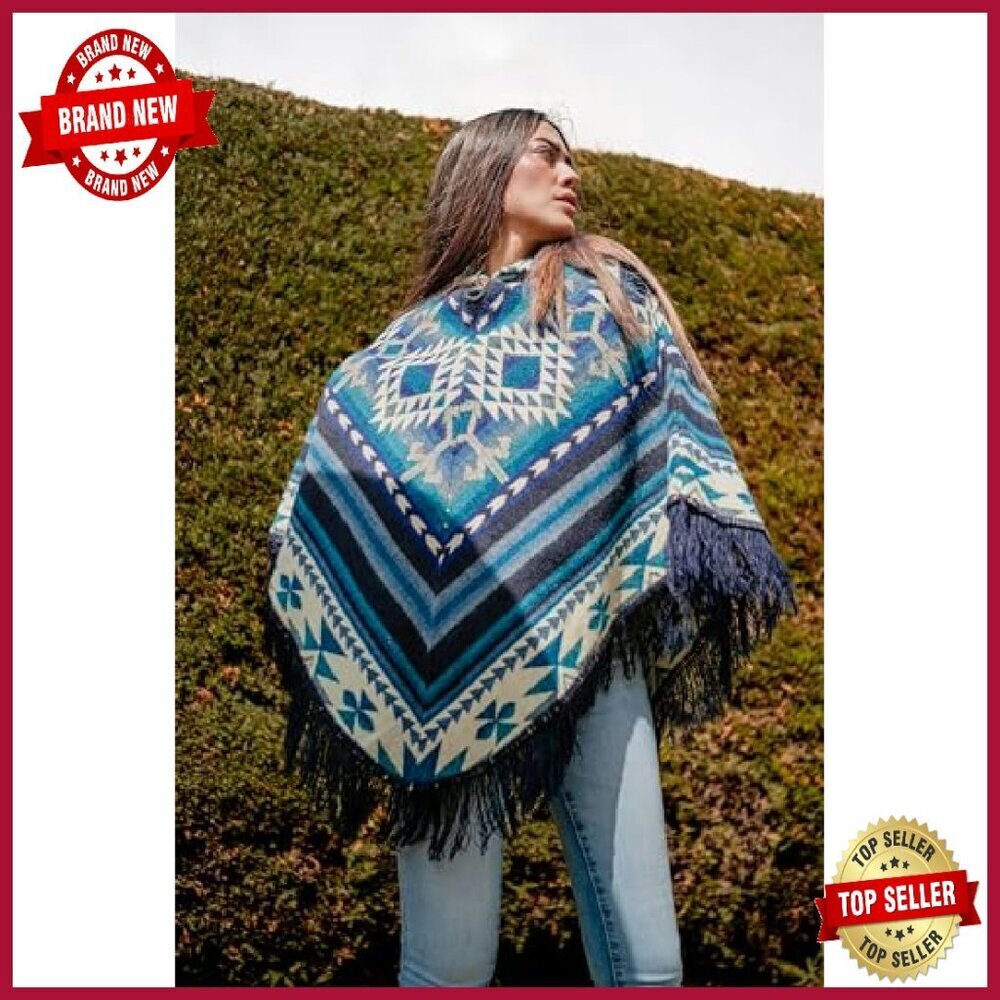 Alpaca Wool Poncho with Hood, Geometric Design, Machine Washable - Picture 3 of 7